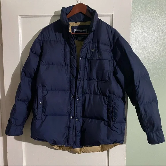 Vintage Men's Ralph Lauren Polo Sport Navy/Tan Jacket Puffer Coat - Men Small - Picture 2 of 14